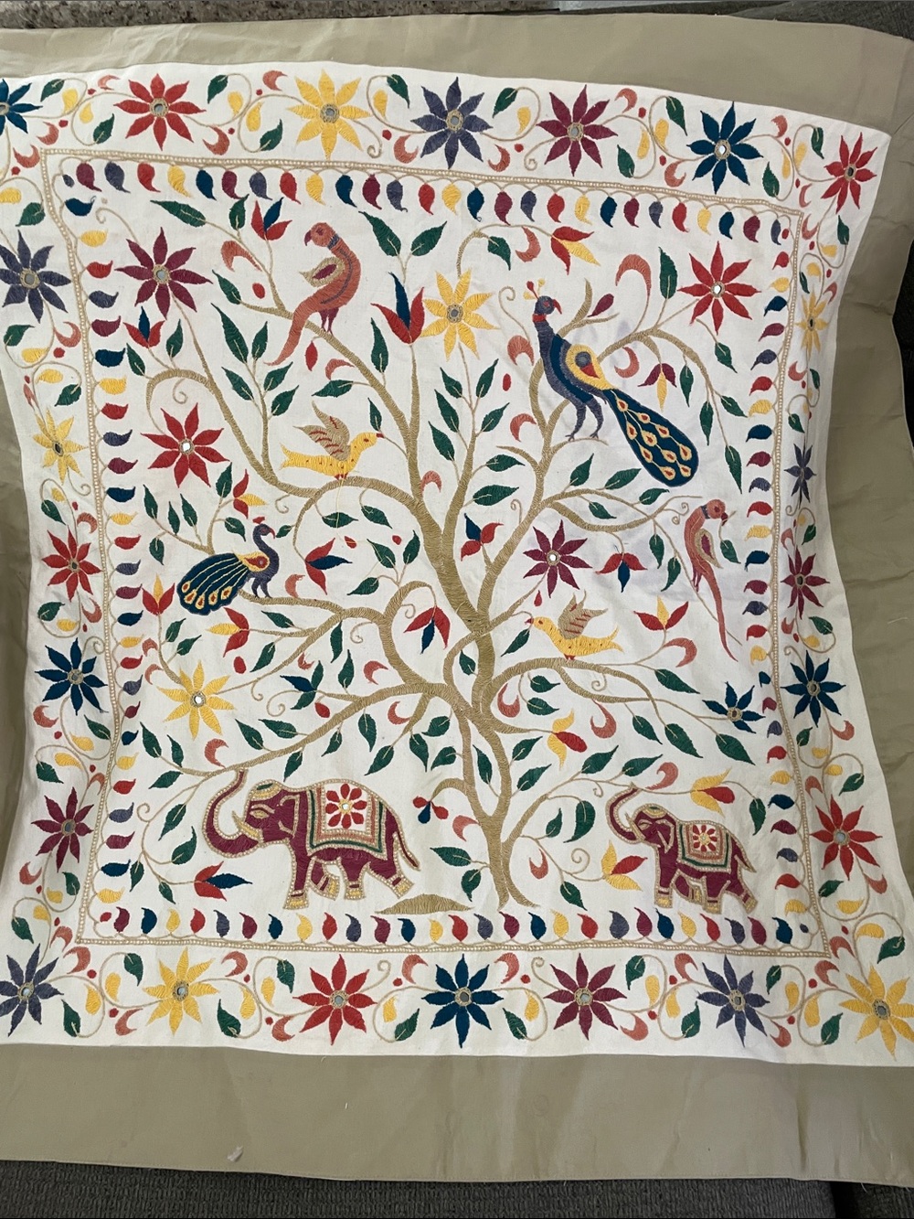 Hand-Embroidered Tree of Life Wall Hanging cream 100% cotton 39x39